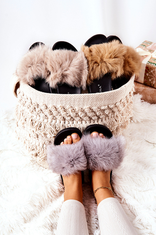Slippers with Natural Fur Grey Naturimo