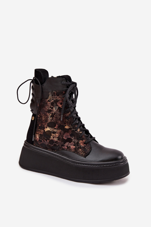 Damskie Botki Platforma Skóra Naturalna Czarne Maciejka 07086-01