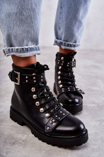 leather boots with a decorative belt Black Sabine