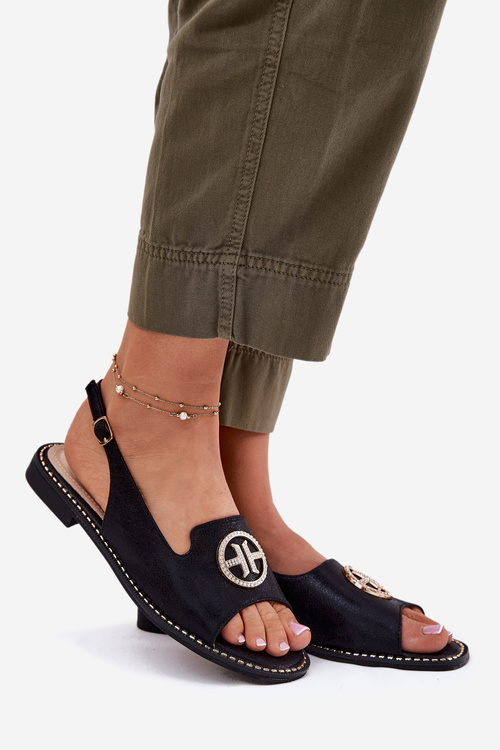 Damskie Sandały Płaskie Z Ozdobą Eko Skóra Czarne S.Barski KV51-002