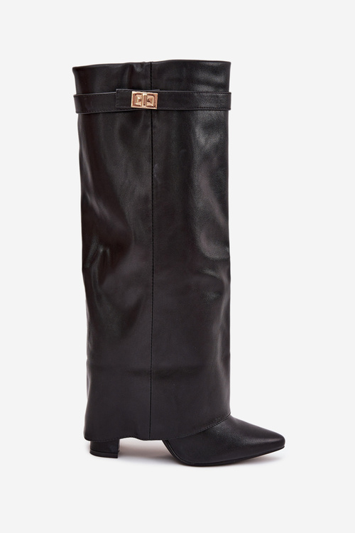 Women's Heeled Boots With Folded Shaft And Gold Detail Black Diorna