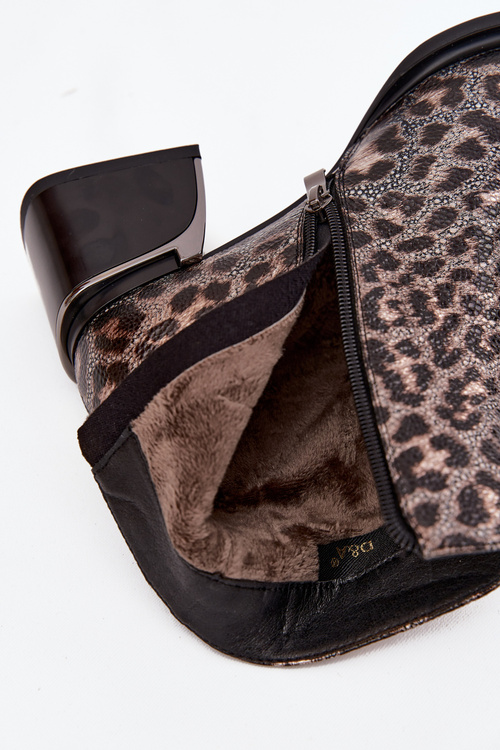 Damskie Botki Skóra Naturalna Ocieplane Na Klocku Panterka Czarno-Złote D&A CR52-622