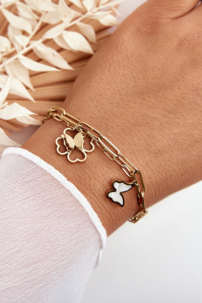 Double Bracelet With Clovers And Butterflies Gold