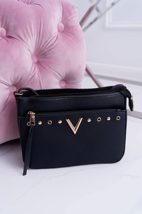 Ladies Handbag Shoulder Black Gold Letter V