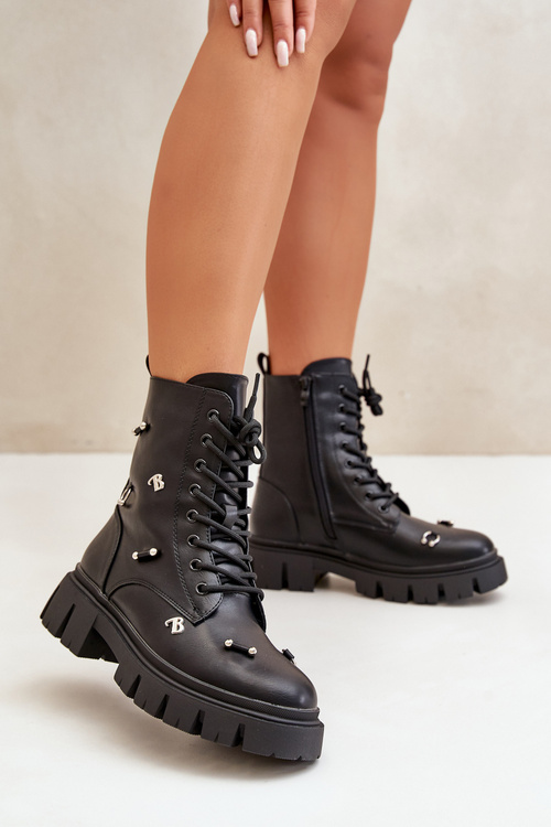 Workery Botki Damskie Eko Skórzane Z Ozdobami Czarne Cadenilla