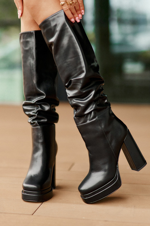 Kozaki Eko Skórzane Z Marszczeniem Obcas Słupek Platforma Ocieplane Czarne Beridra