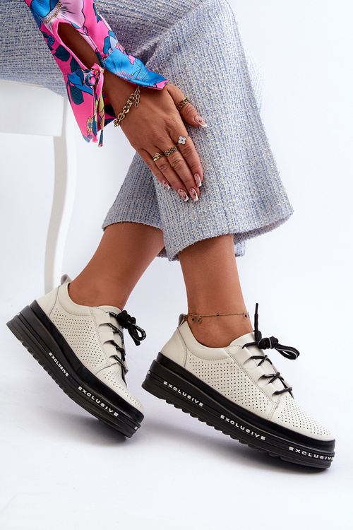 Półbuty Skórzane Na Platformie Damskie Beżowe S.Barski LR769A