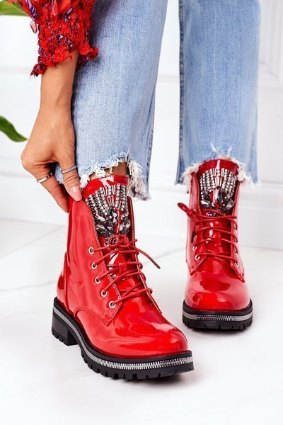 Insulated Boots With Cubic Zirconia Patent Red Attention