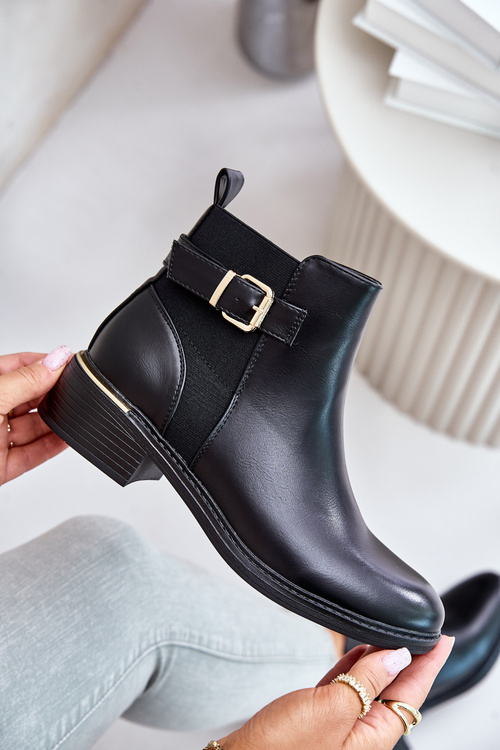 Women's Ankle Boots on Low Heels Insulated with Golden Buckle Black Inomira