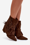 Women's heeled ankle boots with fringes and gold buckles brown Evelisse Botki Damskie
