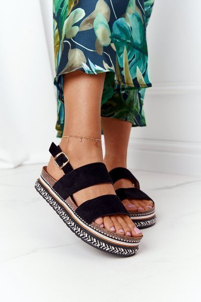 Zamszowe Sandały Na Platformie Czarne Olimpia