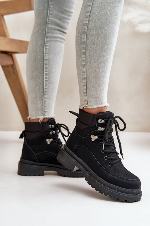 Damskie Sznurowane Trapery Botki Czarne Rabaria