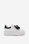 Women's Sneakers With Bow And Brooch With Bear Black-White Leathria