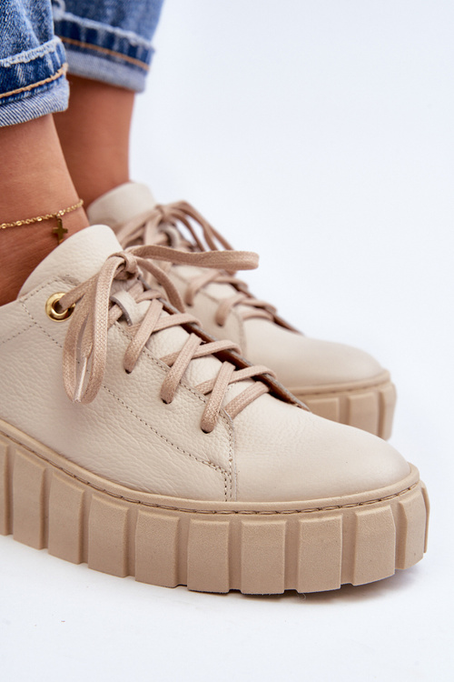 Półbuty Skórzane Damskie Gruba Podeszwa Beżowe Zazoo 2919