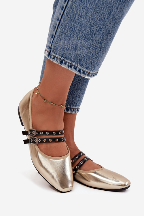 Baleriny Z Paskami Eko Skórzane Złote Deliora