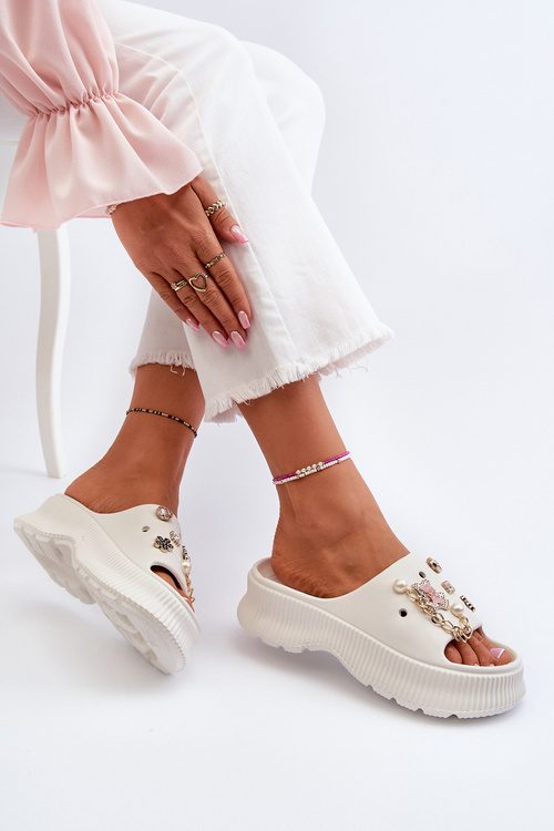 Klapki Piankowe Damskie Ozdoby Białe Afariana M320