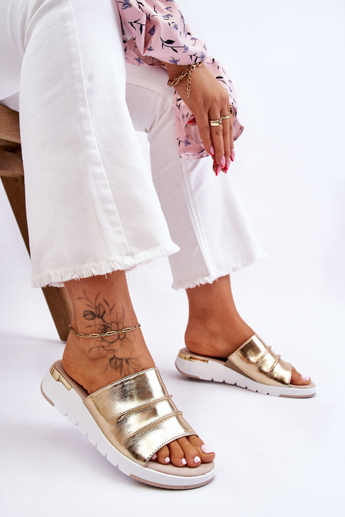 Women's Leather Slippers On A Low Wedge Gold Leona