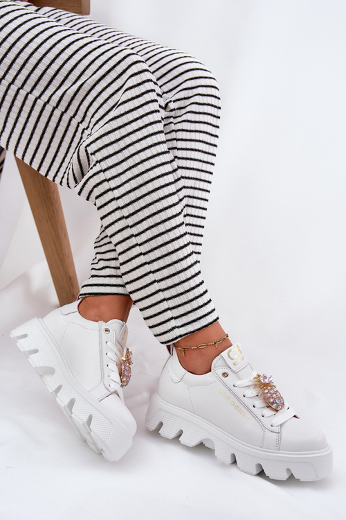 Sneakersy Skóra Naturalna Ozdoba Broszka Ananas Białe CheBello 4651