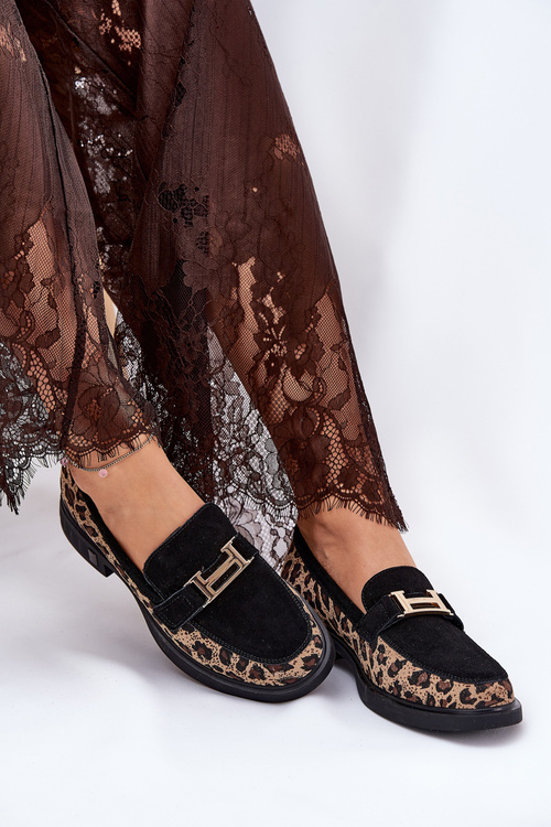 Mokasyny Damskie Zamszowe Panterka Czarne Vinceza 66791