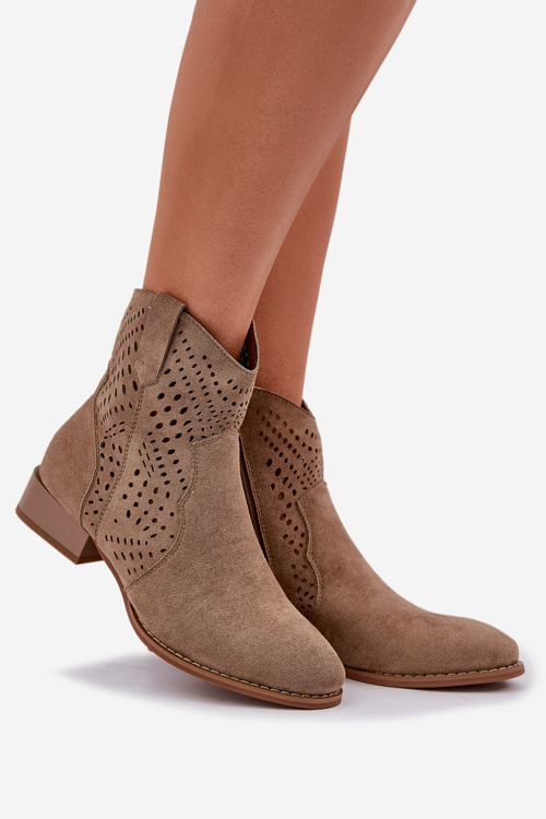 Botki Damskie Ażurowe Na Zamek Niski Obcas Beżowe Neliawen