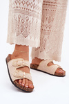 Crochet Women's Slippers With Golden Buckles Beige Fenira