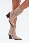 Ladies warm ankle boots on a heel with straps and a decorative detail beige Neria