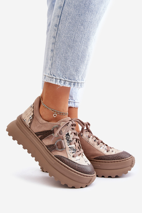 Sneakersy Damskie Skóra Naturalna Platforma Ciemnobeżowe Maciejka 06562-10
