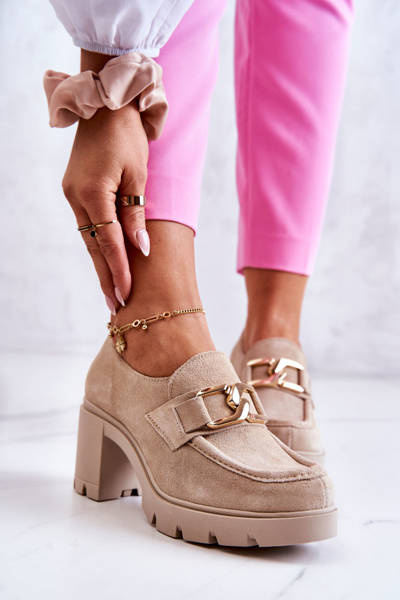 Półbuty Eleganckie Obcas Słupek Złota Ozdoba Jasnobeżowe Lemar Harmell