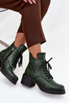 Women's Leather Block Heeled Boots with Lining Vinceza 39950 Dark Green