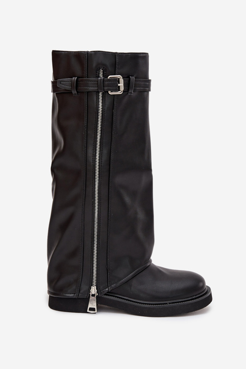Women's Boots With Turned Cuff Buckle And Silver Zipper Lined Black Bressa
