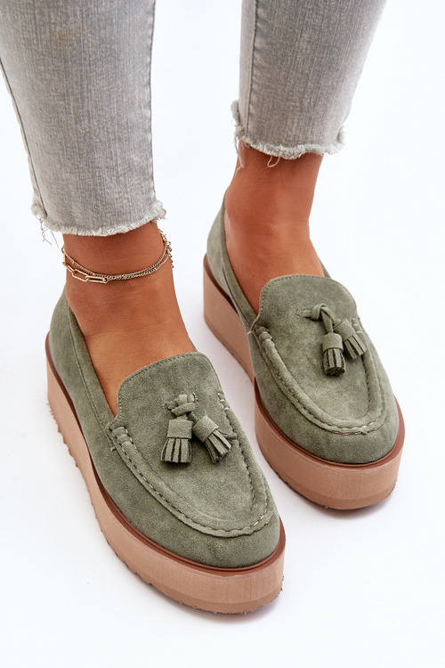 Women's Platform Moccasins with Fringes Green Mialani
