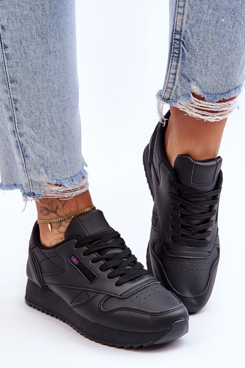 Leather Lace Up Platform Sports Shoes Black Merida