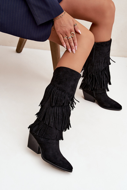 Heated Leather Cowboy Boots Women's With Fringes Black Brivina