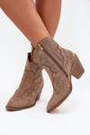 Warm Ladies Ankle Boots Cowboy Style With Decoration Beige Lelira