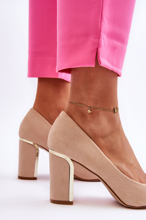 Classic Suede Pumps On A Decorative Heel Beige Elizabeth