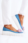 Leather Ballerinas On A Platform With A Ornament Blue and White Ladette