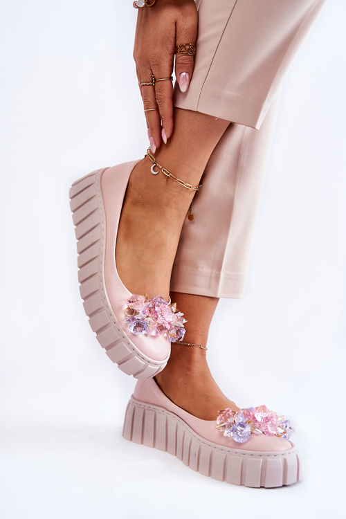 Leather Ballerinas On A Platform With Colorful Ornament Pink Ladette