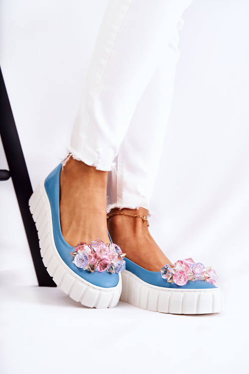 Leather Ballerinas On A Platform With A Ornament Blue and White Ladette