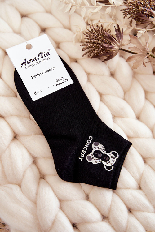 Women's Cotton Socks With A Silver Teddy Bear Black