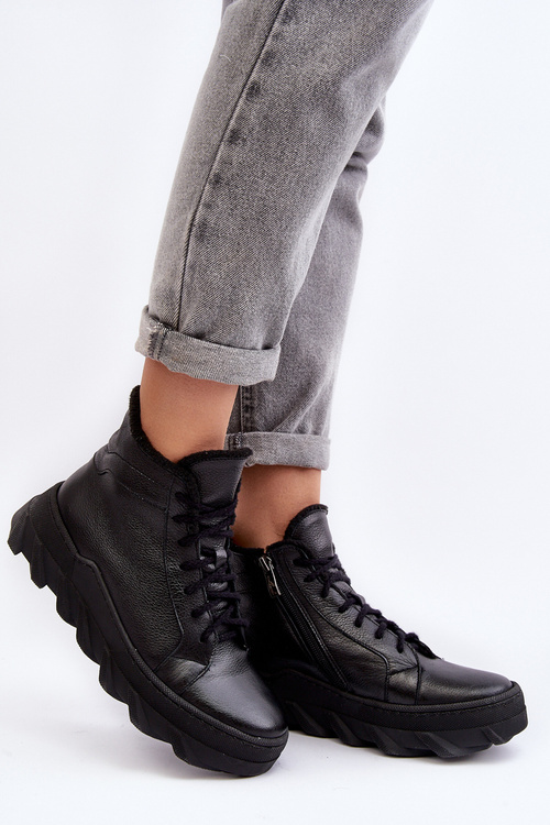 Women's Leather Platform Boots with Fleece Lining Black Lemar Jevette