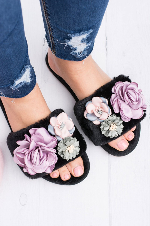 Czarne Klapki Damskie Z Kwiatkami Lu Boo Bouquet
