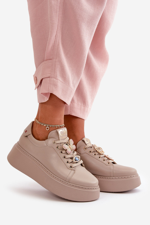 Sneakersy Damskie Skóra Naturalna Ozdoby CheBello 4585 Beżowe