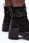 Leather Boots Workery Embellished with Rhinestones GOE MM2N4041 Black