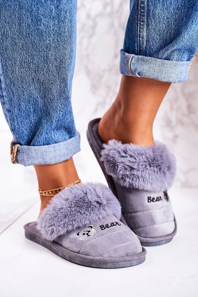 Women's Home Slippers With Fur Grey Teddy