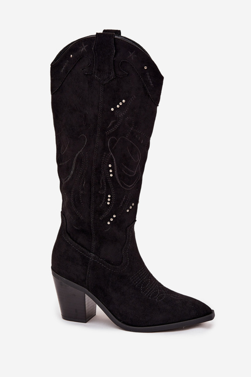 Damskie Kozaki Kowbojki Eko Zamszowe Obcas Czarne Coretta