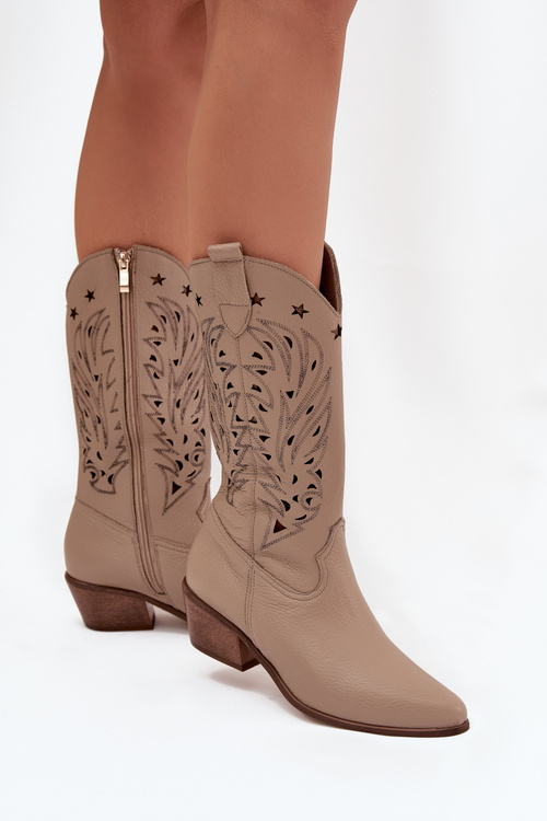 Kozaki Ażurowa Cholewka Skóra Naturalna Obcas Ciemnobeżowe Zazoo 3714