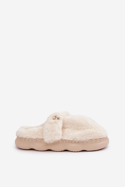 Furry Slippers With A Small Brooch Light Beige Primaria