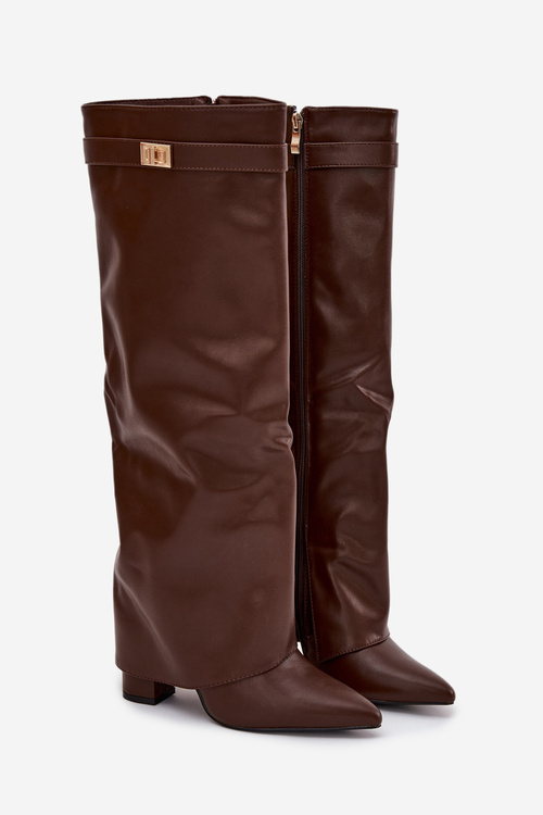 Women's eco leather boots with turned-up shaft on a heel brown Avamora