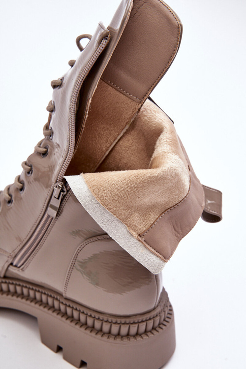 Women's Glossy Lace-Up Ankle Boots Dark Beige SBarski MR870-72