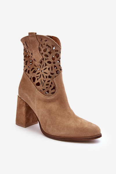 Botki Zamsz Ażur Ciemnobeżowe Lewski Shoes 3264
